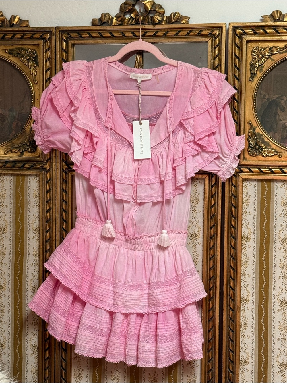 NWT LoveShackFancy Liv Bespoke Hand-Dyed Pink Ruffle Lace Dress XS 100% Cotton